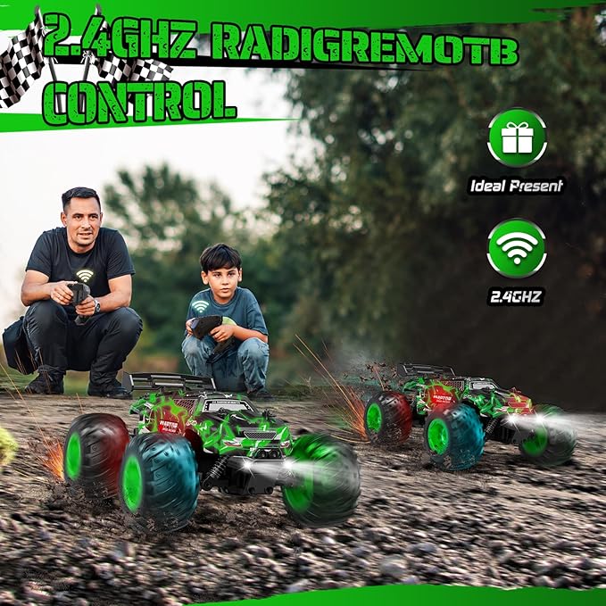 Remote Control Car, 1:18, All-Terrain Remote Control Truck with Headlight and Bodylight, 2WD, 20KM/H, PVC Shell, 2.4GHz, Rechargeable, Sturdy, Two Speed Control, Rc Cars for Kids, Green