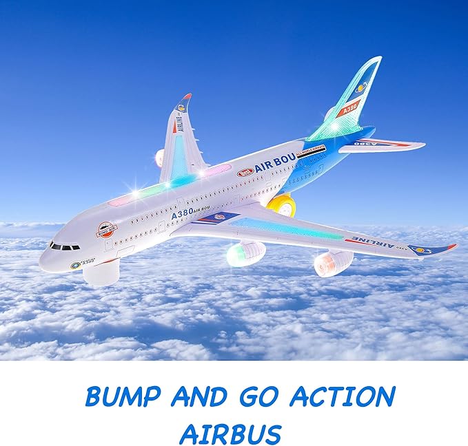 PowerTRC Kids Airplane Toys, Bump & Go Action Toddler Toy Airplane with LED Flashing Light, Music, Airplane Sound, Great Gift for Boys Girls Ages 3-12