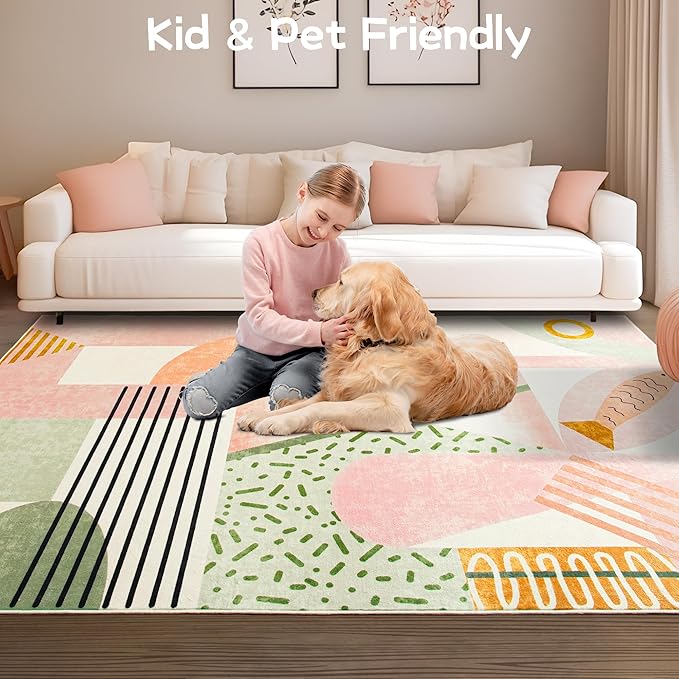 Tepook Pink Area Rug for Living Room, 5x7 Indoor Carpet for Bedroom Washable, Non-Slip Abstract Print Kids Rug for Nursery Playroom Classroom Dorm Office Dining Room