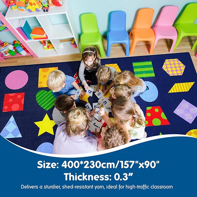 Classroom Rug Kids Carpet Blue 24 Seating Rug Elementary School Daycare Nursery Shape Education Classroom Rug Suitable for Calm and Colorful Classroom Decor, 7.5 x 13 ft