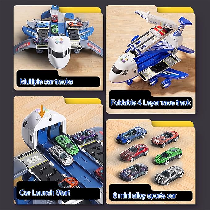 Airplane Toy Race Track Kids Toys, Foldable 4 Layer Toddler Car Track Playset, Toy Plane Transport Car Carrier & 6 Race Cars, Toddlers Toys Birthday Xmas Gifts for Age 3 4 5 6+ Years Old Boys Girls