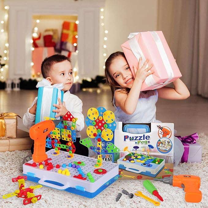STEM Drill & Build Toy Set for Kids Ages 3-8 | 224-Piece Building Kit with Electric Toy Drill, Screwdriver, Pegboard | Educational Construction Toys for Boys Girls | Gift for Birthdays