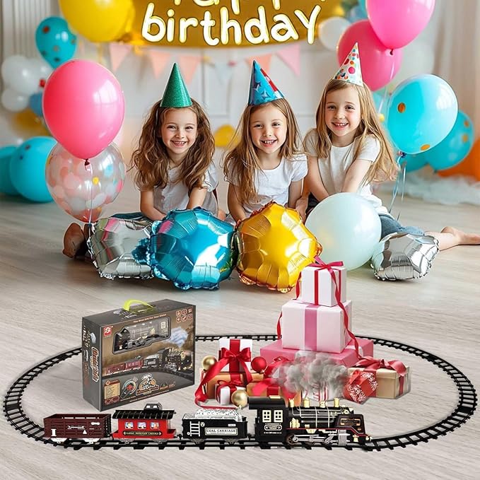 JUQU Train Set - Electric Train Set w/Remote Control, Smoke, Light, Whistle, Toy Train Set for Under Christmas Tree w/Track, Toddler Model Trains for 3 4 5 6 7 8+ Years Old Boys Christmas Toys Gift