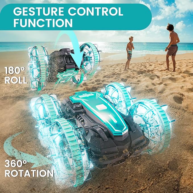 Tecnock Amphibious Remote Control Car Boat, 4WD Gesture RC Cars with Waterproof Remote Control, RC Stunt Car with LED Lights, Pool Toys for Kids Ages 8-12, Toys Gifts for Boys Girls