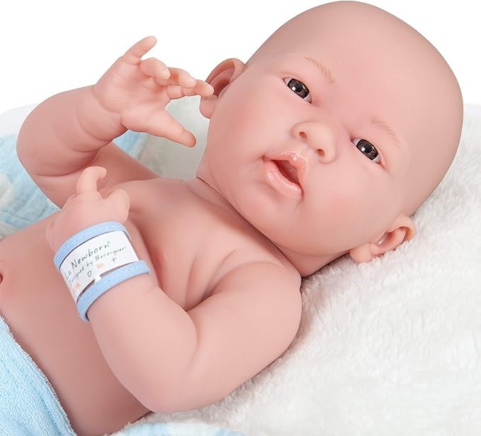 JC Toys La Newborn All-Vinyl-Anatomically Correct Real Boy 15" Baby Doll in Blue and Deluxe Accessories, Designed by Berenguer., Blue - Dots, Model:18064