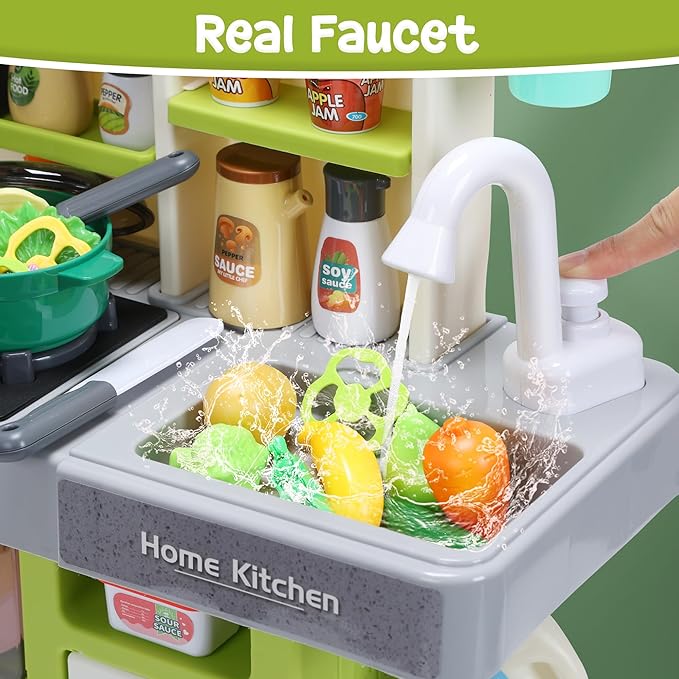 HOLYFUN Kids Kitchen Playset, Pretend Play Kitchen with Sounds and Lights, Cooking Stove Steam,Play Sink and Play Food,Toy Kitchen Set for Kids Toddlers, Green