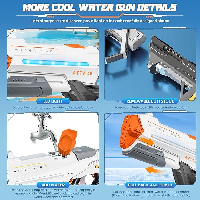 Electric Water Guns for Adults, Squirt Guns for Kids with Light Up and Large Capacity, Powerful Water Gun Up to 28-32FT Range for Summer Swimming Pool Party Beach Outdoor Activity(White)