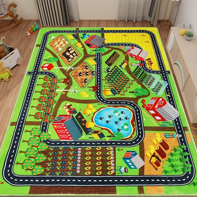 Kids Rug Play Mat for Toy Cars, 59"×78.7" Farm Life Road Traffic for Playroom Kids Car Road Rug Village Map Mat Farm Animals Washable Play Carpet for Toddlers Boys Room Family Tummy Time Playtime