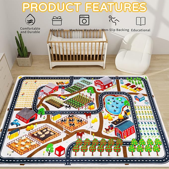 Kids Rug Play Mat for Toy Cars, 59"×78.7" Farm Life Road Traffic for Playroom Kids Car Road Rugs Village Map Play Mat Non-Slip Washable Play Rug for Toddlers Boys Room Family Tummy Time Playtime White
