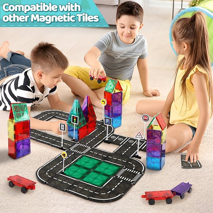 Playmags Magnetic Tiles Road Set - 50 Pcs STEM Educational Construction Toy Car Track, Building Blocks Magnet Toys for Toddlers, Safe for Ages 3+