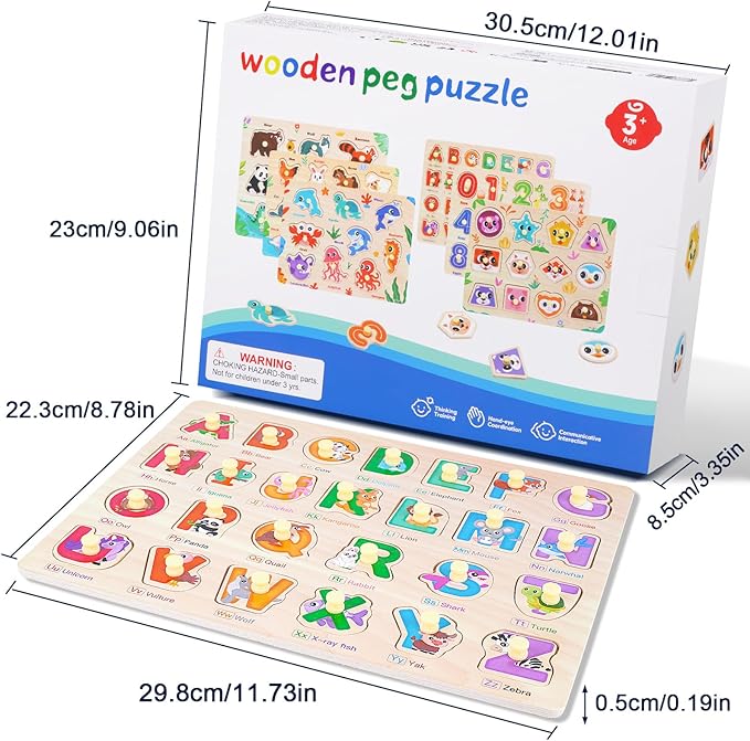 Toddler Puzzles Montessori Toys for 3 4 5 Years Old, 6 PCS Wooden Puzzles for Kids Ages 4-6 - Learning Alphabet, Numbers, Shapes and Animals, Educational Toys Puzzle Gifts for Girls Boys