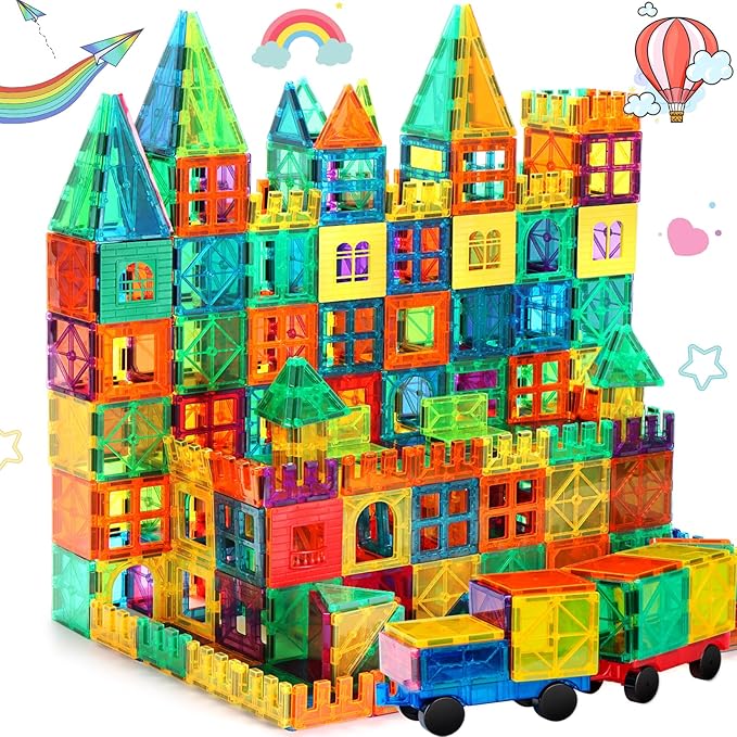 FNJO Magnetic Tiles, 100PCS Building Blocks, Magnets Building Set, STEM Construction Stacking Toy Gift for Kids 3+ Boys and Girls Preschool Kindergarden Toy