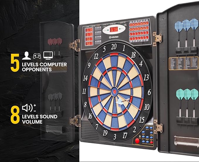WIN.MAX Electronic Dart Board Cabinet Set, LED Electric Digital Soft Tip Dart Boards for Adults with Cabinet, up to 16 Players, 38 Games and 211 Variations with 12 Soft Tip Dartboard Set