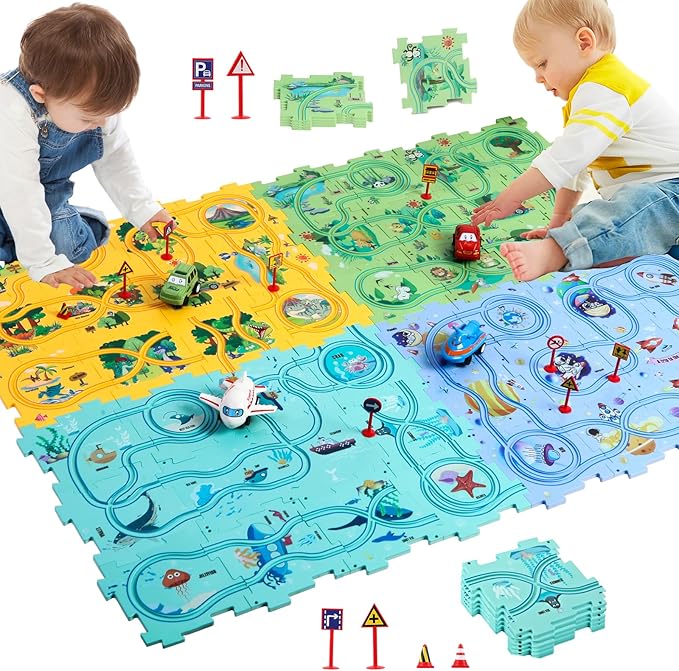 Puzzle Racer Kids Car Track Set Puzzle Racer Car Track Set with Roadmap Puzzle Track Car Play Set Toy for Kids 3-8 Years Old(100Pcs, 4 Stytle)