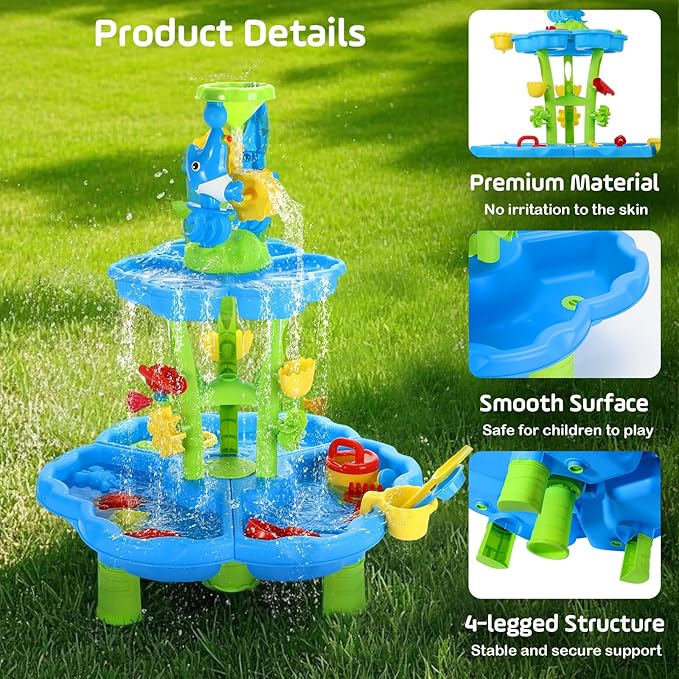 MoKo Water Table for Toddler 3+, 3-Tier Water Table for Kids Ages 4-8 for Outdoors Play, Kids Water and Sand Activity Sensory Playset, Sensory Table for Summer Beach Backyard, Blue-Green Dolphins