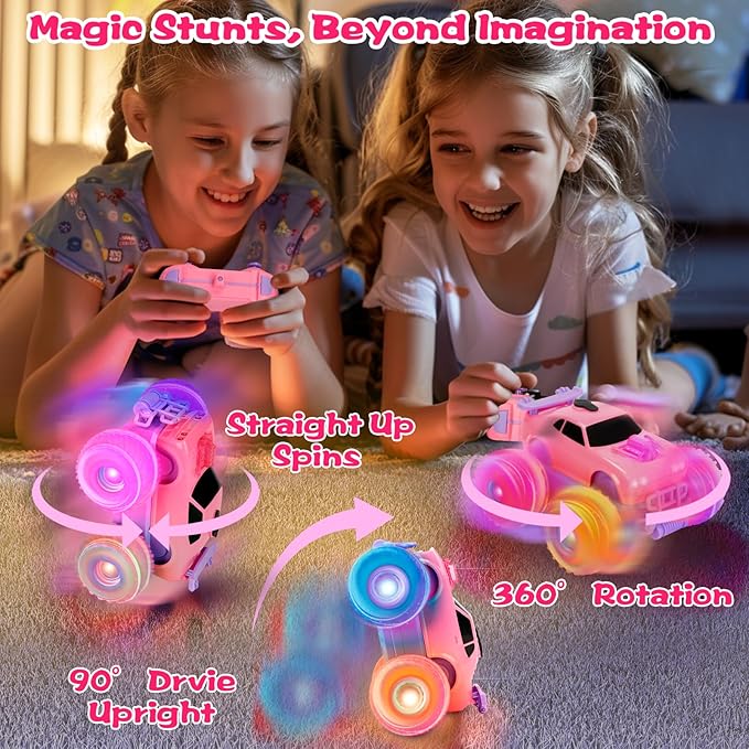 Pink Remote Control Car for Girl, 4WD RC Stunt Car with DIY Sticker, Headlight, Flashing Wheel Light, Rotation, Spin and Spray, Toy Cars for Girl Age 4-6 6-8 Birthday Gift