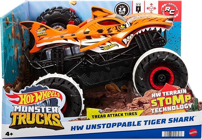 Hot Wheels RC Toy, Remote-Control Monster Trucks Unstoppable Tiger Shark in 1:15 Scale with Terrain Action Tires