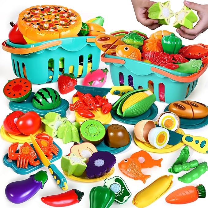 100 Pcs Play Food Set for Kids Kitchen, Pretend Food Toy for Toddlers Age 1-3, Plastic Cutting Fake Food/ Fruit/ Vegetable Accessories with 2 Baskets, Birthday Gifts for 2 3 4 5 Years Old Boys Girls