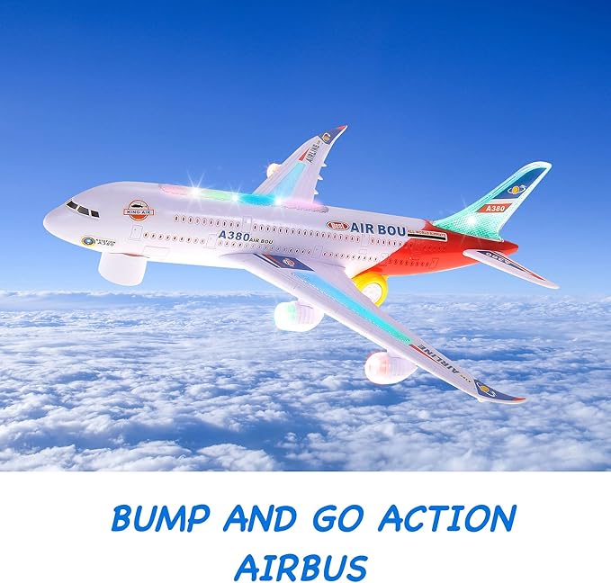 PowerTRC Kids Airplane Toys, Bump & Go Action Toddler Toy Airplane with LED Flashing Light, Music, Airplane Sound, Great Gift for Boys Girls Ages 3-12