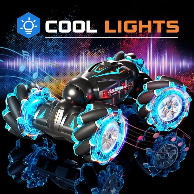 Deejoy 1:12 RC Stunt Car, 2.4GHz 4WD Remote Control Gesture Sensor Toy Cars, Double Sided Rotating Off Road Vehicle 360° Flips with Lights Music, for Boys & Girls Birthday