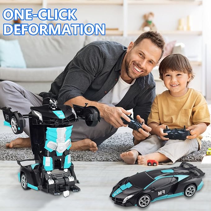 Remote Control Transform Car for Kids,Deformation Car for Boys & Girls 4 5 6 7 8, 2.4Ghz 1:18 RC Transform Robot Toys for Kids, One Button Deformation to Robot with Flashing Light (FM Racing Blue)