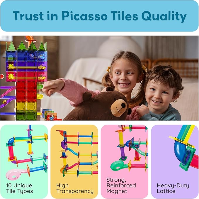 PicassoTiles Marble Run 120 Piece Magnetic Building Blocks Magnet Tile Construction Toy Playset STEM Learning Educational Block Child Brain Development Kids Toys for Boys and Girls Age 3 and Up