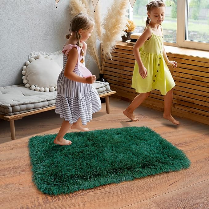 Super Fluffy Area Rugs for Bedroom, Modern Shag Green Throw Rug, Soft and Cozy Plush Carpet for Kids,Girls Boys and Teens Decorations for Living Room Dorm Nursery Classroom, 2x3 Feet
