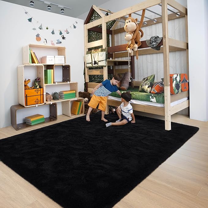 Fluffy Soft Black Rug for Bedroom Living Room, 4x6 Plush High Pile Rugs Super Soft Shaggy Carpet for Classroom Kids Babys Playroom Toddler Nursery Dorm Home Decor, Modern Indoor Non Slip Rug