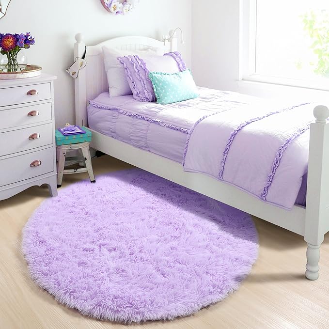 ONASAR Light Purple Round Area Rug 4ft, Soft Bedroom Circle Rugs Floor Mats for Kids Girls Teen Room, Cute Fluffy Plush Shaggy Carpet for Baby Nursery Living Room Playroom Dorm Home Decor