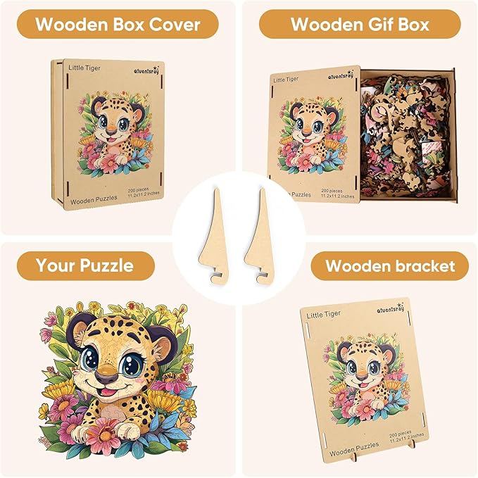 Wooden Jigsaw Puzzles-Litter Tiger,200pcs,Medium 16.8x16.8in,Wooden Puzzles for Adults,Unique Shape Animal Adult Puzzles,Irregular Wood Puzzles Best Gift for Adults and Kids Family Game
