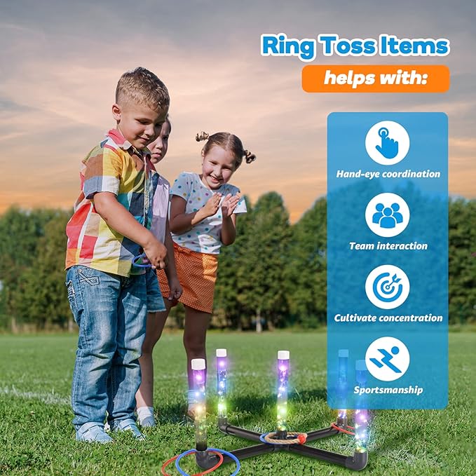 Outdoor Games for Kids 3-12: FunforFun! LED Ring Toss Game with 18 Rings Boys Girls Toys Age 5 6 7 8 9 Yard Games for Family Outside Toys for 10 11 12 13 14 Years Old Boys Gifts for Kid Age 8-12