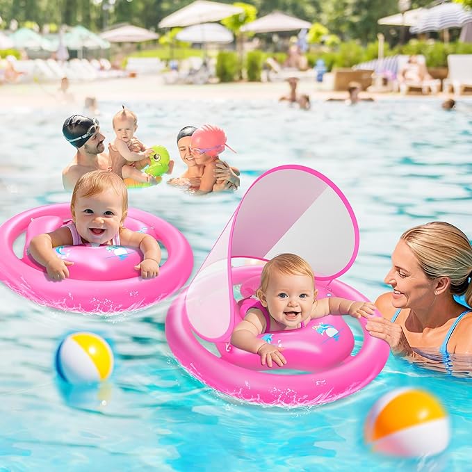 ZIZZ Baby Pool Float with Canopy - 2025 New Inflatable Baby Swim Float with UPF50+Sun Protection, Baby Infant Pool Float with Toy Play Console Adjustable Seat for Toddler Kids Aged 6-36 Months