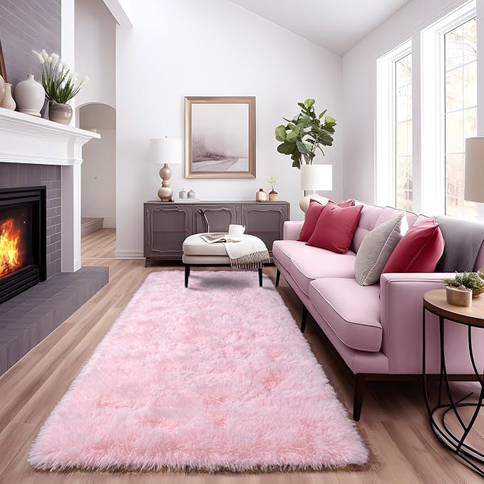 Super Fluffy Throw Rug for Bedroom, Modern Shag Pink Area Rugs, Soft and Cozy Plush Small Carpet for Kids,Girls Boys and Teens Decorations for Living Room Dorm Nursery Classroom, 2x6 Feet