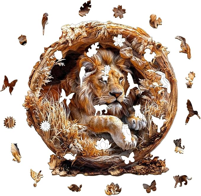 Wooden Puzzles for Adults, 3D Lion (M-200pcs) Wooden Jigsaw Puzzles Kids, 11.4 * 11.4in Unique Shaped Animal Wood Puzzles Adults 3D Vision Flat Puzzle Family Games