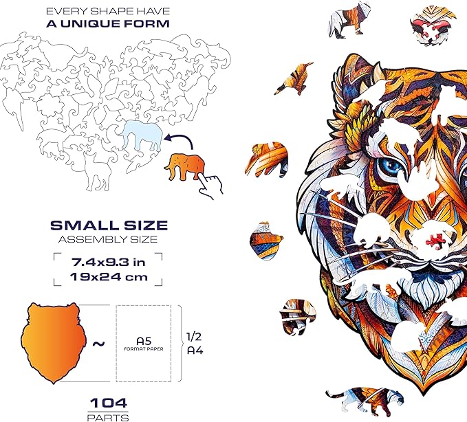 UNIDRAGON Original Wooden Jigsaw Puzzles - Lovely Tiger, 104 Pieces, Small 7.4"x9.3", Beautiful Gift Package, Unique Shape Best Gift for Adults and Kids