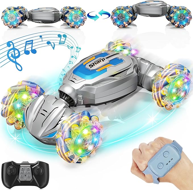 Gesture Sensing RC Stunt Car, Remote Control Car Birthday gifts for kids Age 6-12, 2.4Ghz Hand Controlled Twist Cars, 360° Rotating Transform Off Road Car Toy for Boys Girls Age 6 7 8 9 10 11+ (Gray)