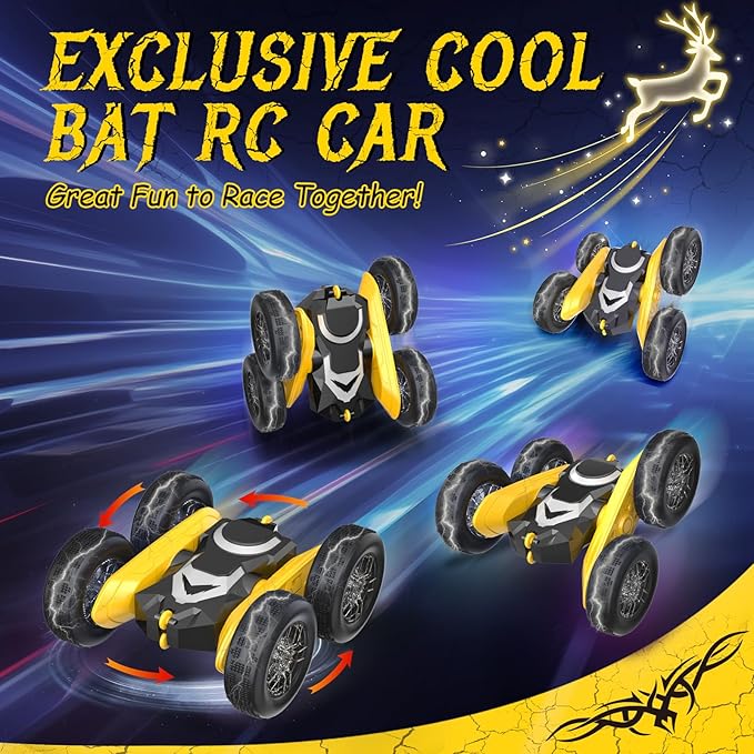 NQD Bat Remote Control Car- Double Sided 360°Rotate RC Stunt Car with Wheel Lights, 4WD Off-Road RC Cars 2.4Ghz Indoor/Outdoor Rechargeable Toy Car for Boys Age 4-7 8-12 Birthday Xmas Gift