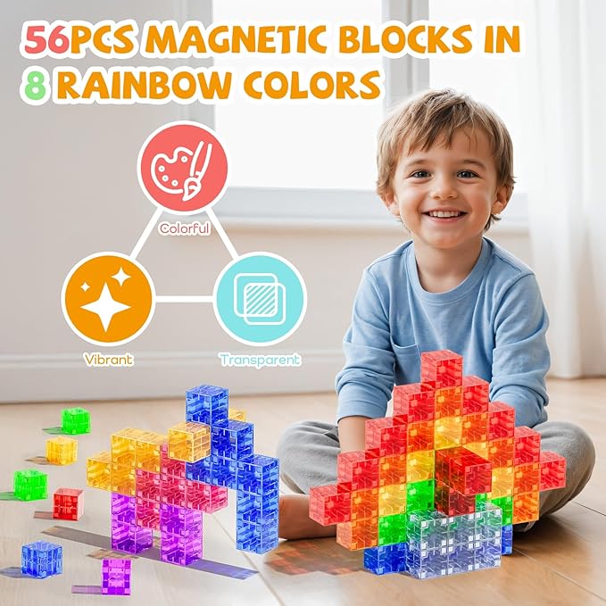 56PCS Magnetic Blocks, Transparent Magnetic Cubes, Magnet Building Blocks for Toddlers 3+, Montessori Toys, Preschool STEM Educational Sensory Magnet Toys for Kids Ages 3-5 Year Old Boys and Girls