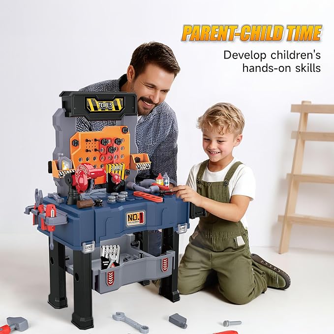 Kids' Tool Bench with 118 Realistic Pieces, Electric Drill & Stickers - Pretend Play Learning Gift for Boys & Girls Age 3-5