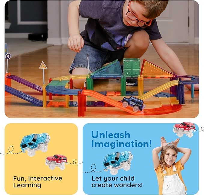 PicassoTiles Magnetic Race Track Toys Car Tracks Set for Toddlers Magnet Building Blocks Tiles Sensory Toys for Kids Include 2 Trucks STEM Engage in Thrilling Races Age 3+ Year Old Boys Girls