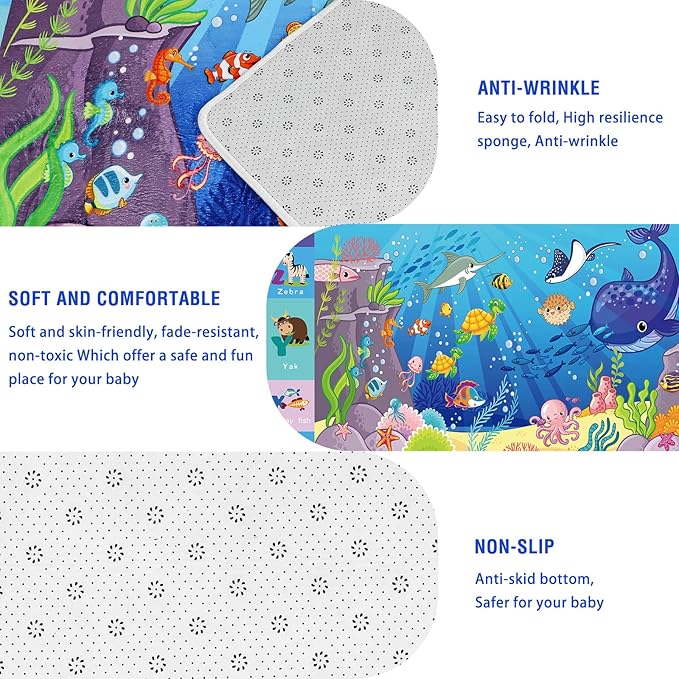 Baby Mat for Floor, Kids Play Rug, Playmat Crawling Tummy Time Mat, Non-Toxic Non-Slip Foldable Rugs Playroom (Sea Animals, 110.2X78.7 INCH) Blue
