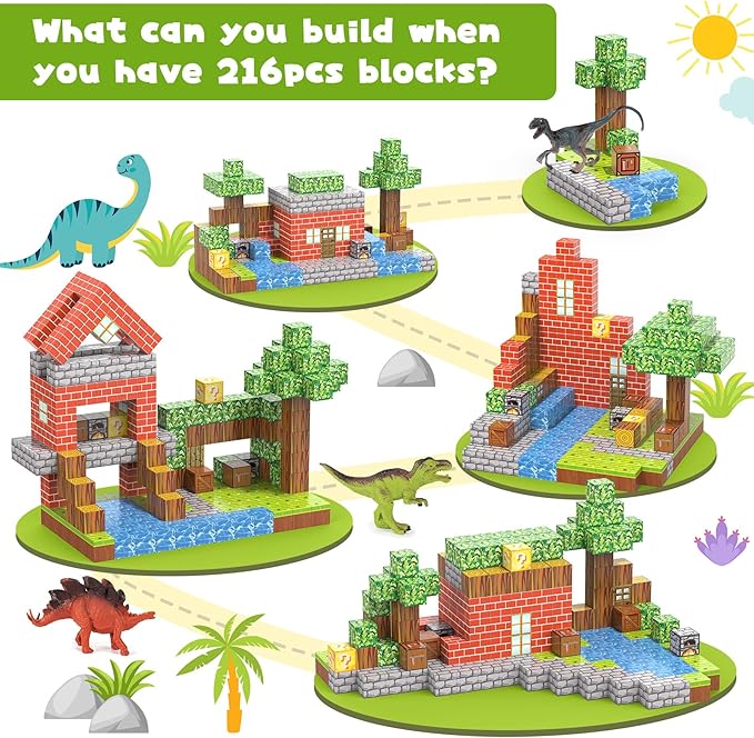 Magnetic Blocks 216Pcs Magnetic Building Blocks Toys for Boys 6-8 with 12 Dinosaur Toys, Magnetic Toys for Boys & Girls Ages 6-7 8-10