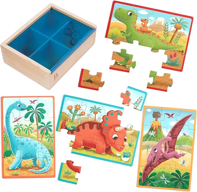 B. toys- Pack o' Puzzles - Dinosaurs- Wooden Puzzle Set – 4 Dinosaur Puzzles – Classic Prehistoric Puzzle – 12-Piece Jigsaw Puzzles for Kids – 3 Years +