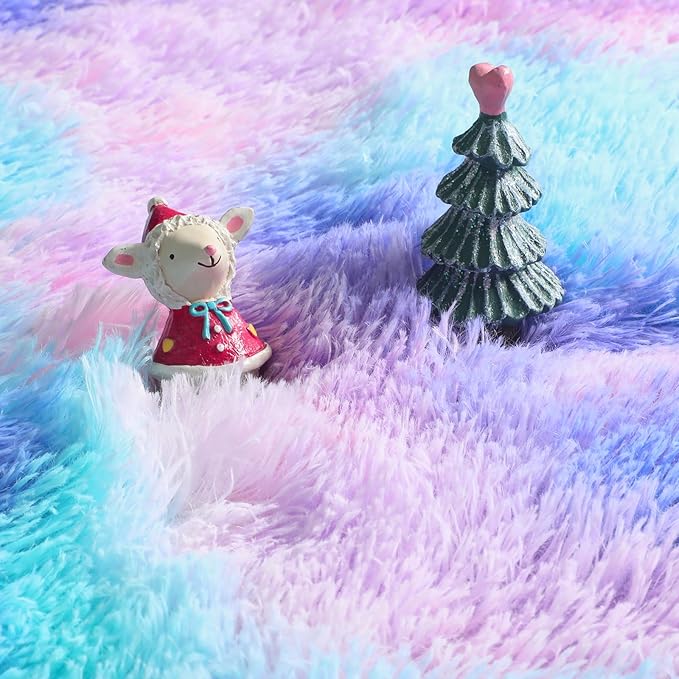 Amdrebio Purple Rainbow Round Rug 5Ft for Bedroom Girls Room Decor, Mermaid Stitch Frozen Kids Rugs for Playroom Nursery Dorm, Fluffy Fuzzy Cute Shag Carpet, Kawaii Circle Area Rugs for Baby Toddler