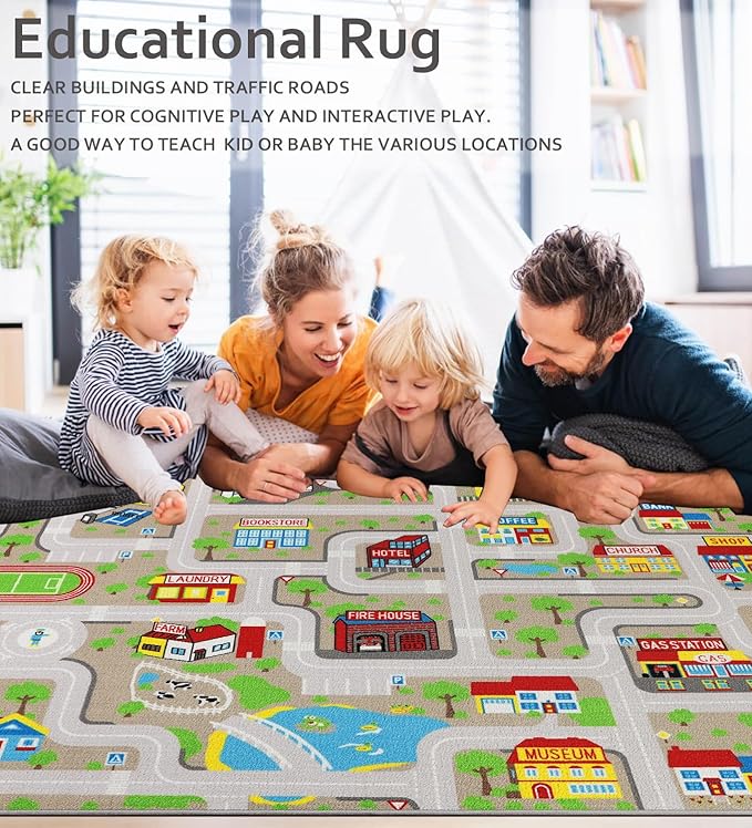 Educational Road Traffic Carpet Kids Carpet Playmat Car Rug Fun City Life Map Kids Car Rug Non Slip Play Carpet for Children Playroom Bedroom Classroom Decor (Tan, 5'0''x6'6'')