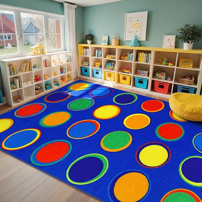 LIVEBOX Sitting Spots Kids Classroom Rug, Washable School Learning Area Rugs, Colorful Preschool Kids Classroom Carpet Non-Slip Playroom Mat for Daycare Learning, 13'x7'5"(Seats-24)