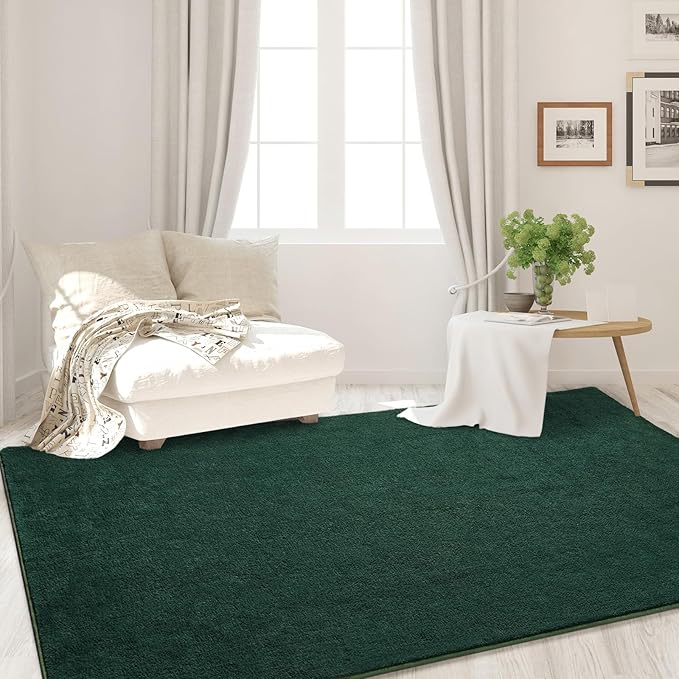 FlyDOIT Area Rugs for Bedroom Living Room, 5x8 Dark Green Super Soft Comfy Thickened Memory-Foam Indoor Carpets, Modern Aesthetic Minimalist Carpet for Boys Girls Adults Apartment Nursery Home Décor