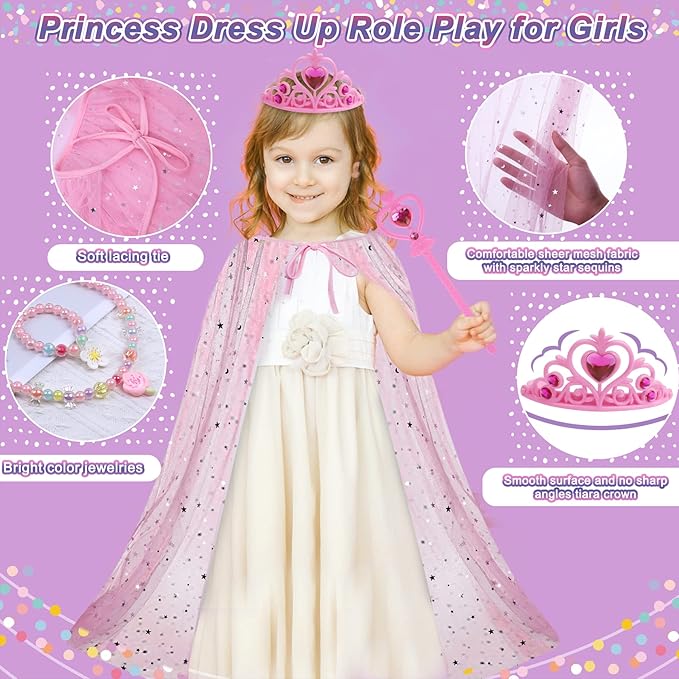 Tea Party Set for Little Girls,PRE-WORLD Princess Tea Time Toy with Food Sweet Treats Playsets,Dress Up Accessories Cloak Necklace Bracelet Jewelry Set, Kids Kitchen Pretend Play for Girls Age 3-6