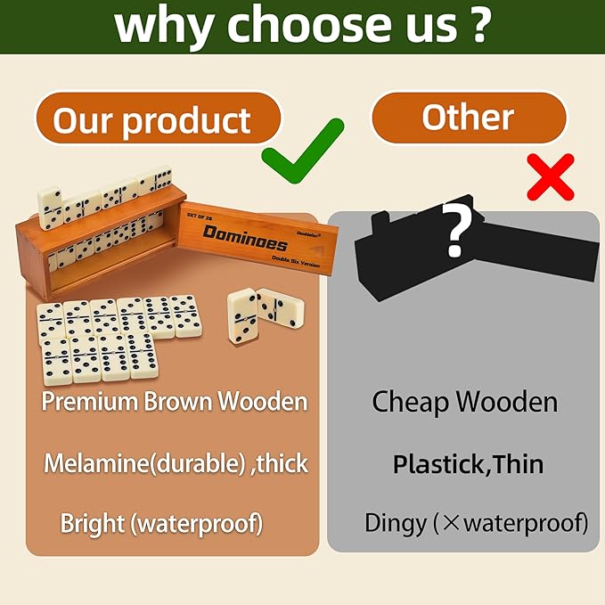 Dominos Set for Adults, Jumbo Size Double 6 Dominoes Set, Classic Board Game for Adults and Elderly, Double Six Thick Size Domino with Spinner 28 Tiles in Exclusive Brown Wooden Box.