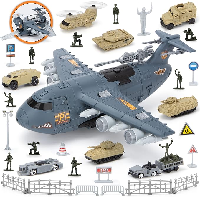 Military Airplane Toy, Army Toys Fighter Jet with 8 Vehicles, Army Men Trucks Airplanes Helicopter Car Kits Birthday Gift for Boys Age 4-7